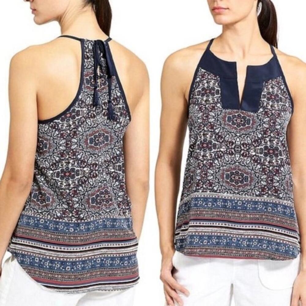 Athleta Tank Top Blue Medallion Dunes Halter Tassel Tie Geometric Flowy Size XXS